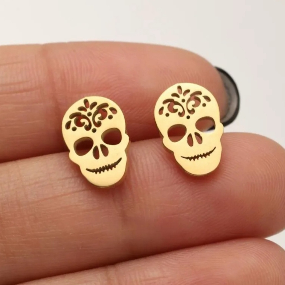 New Gold Tone Sugar Skull Studs Earrings